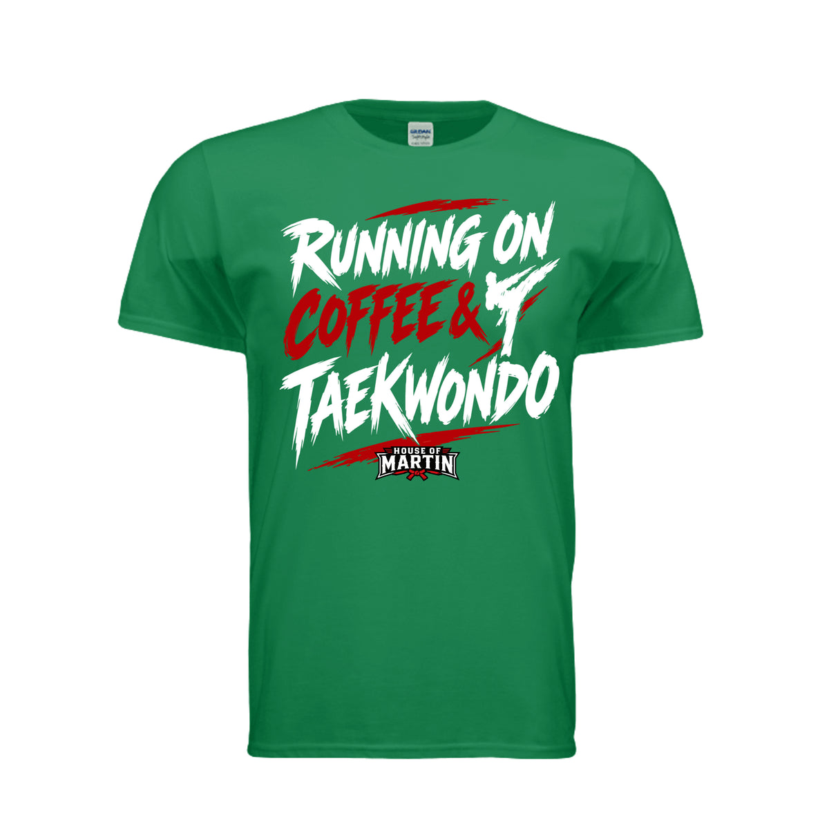 Running on Coffee & TKD unisex tee in turf green, front view by House of Martin Designs