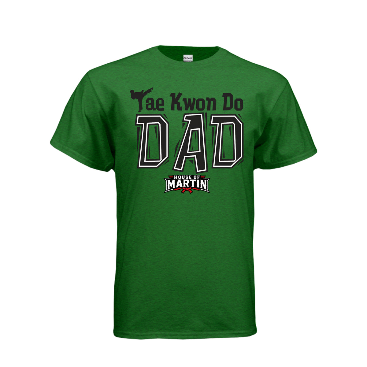 TKD Dad unisex tee in antique irish green, front view by House of Martin Designs
