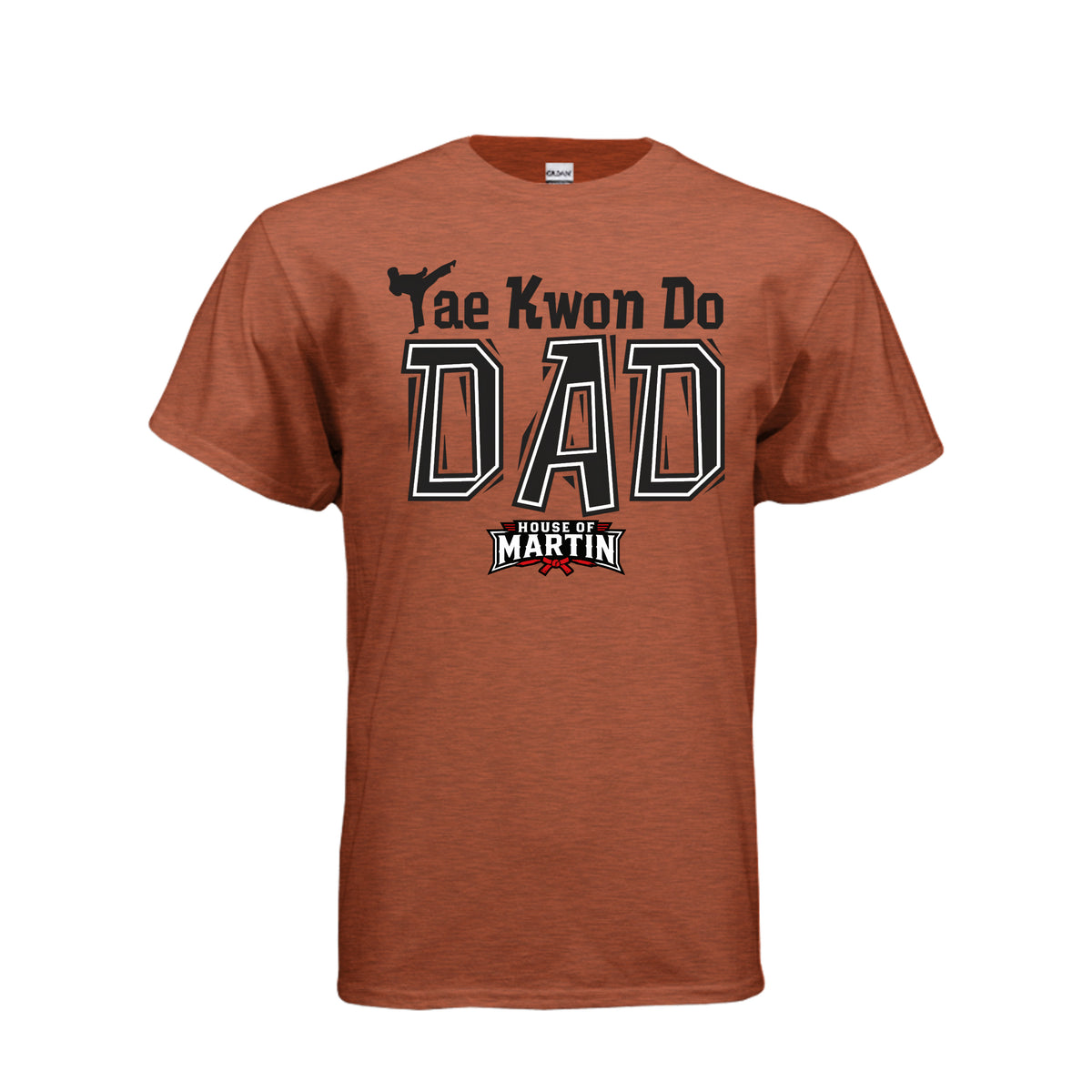 TKD Dad unisex tee in antique orange, front view by House of Martin Designs