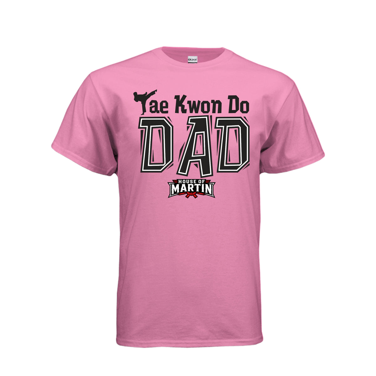 TKD Dad unisex tee in azalea, front view by House of Martin Designs
