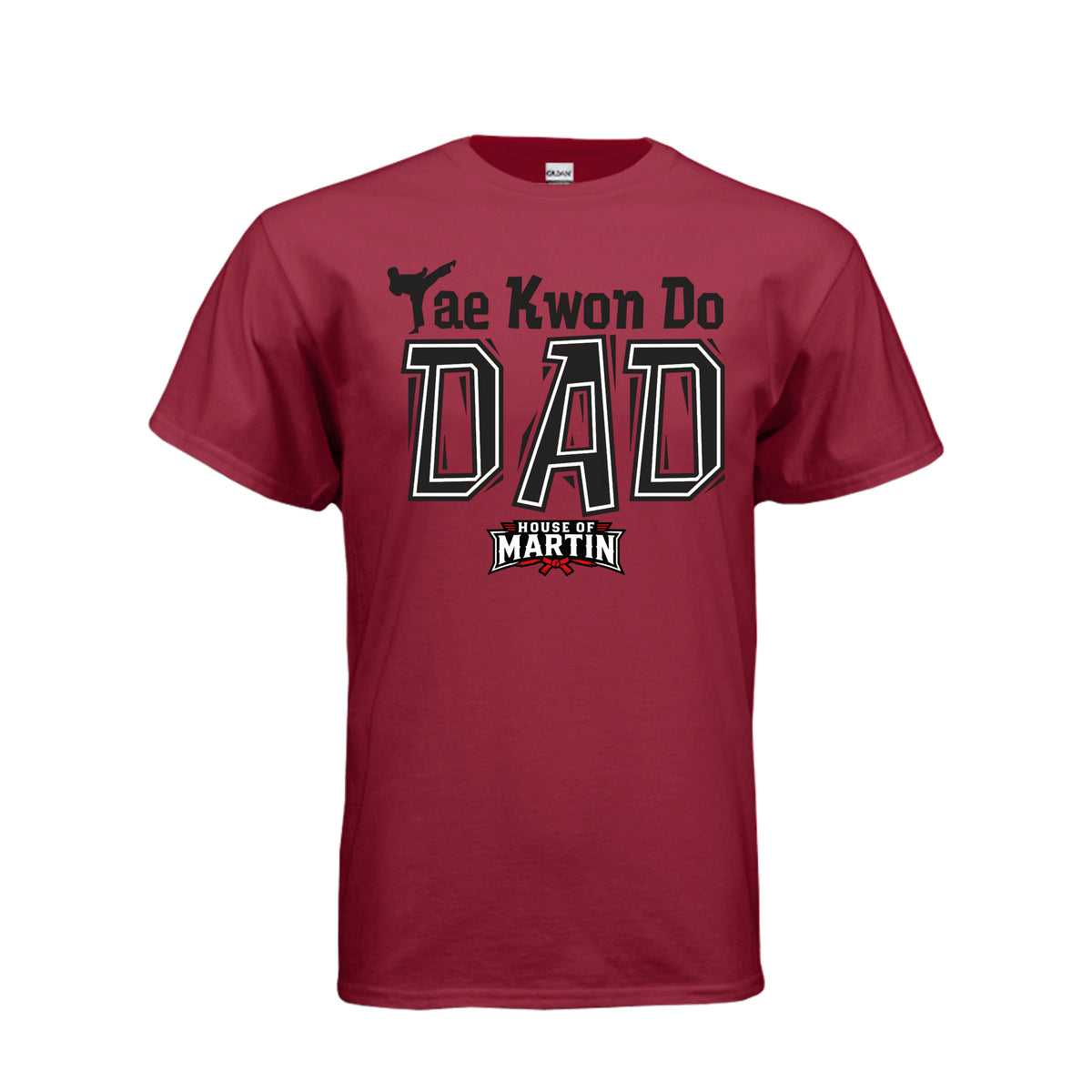 TKD Dad unisex tee in cardinal red, front view by House of Martin Designs