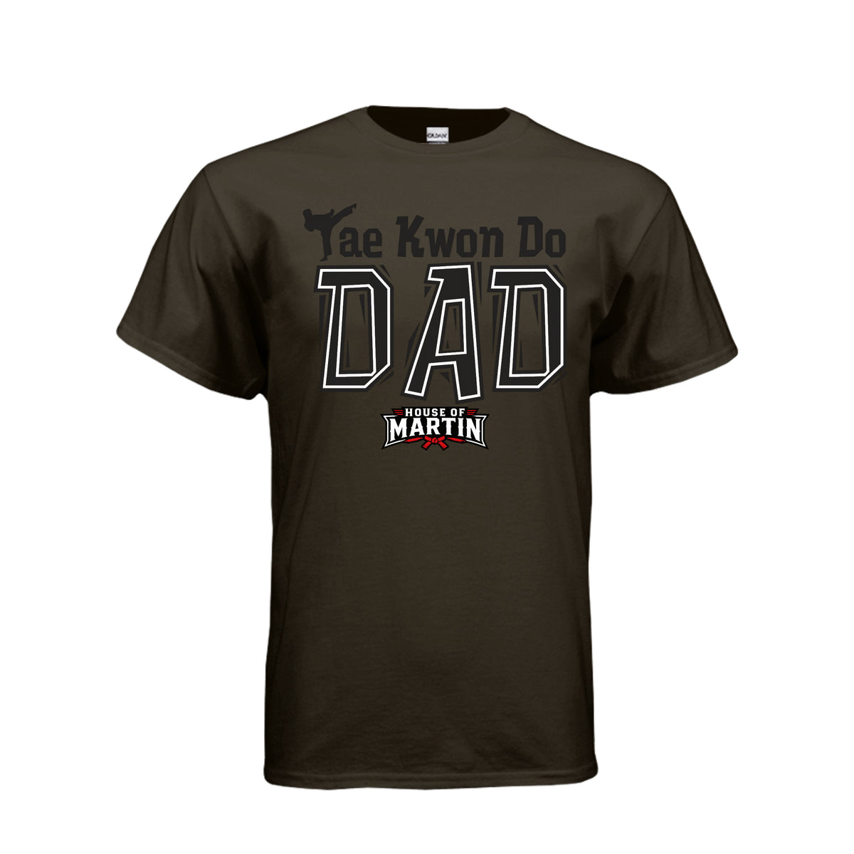 TKD Dad unisex tee in dark chocolate, front view by House of Martin Designs