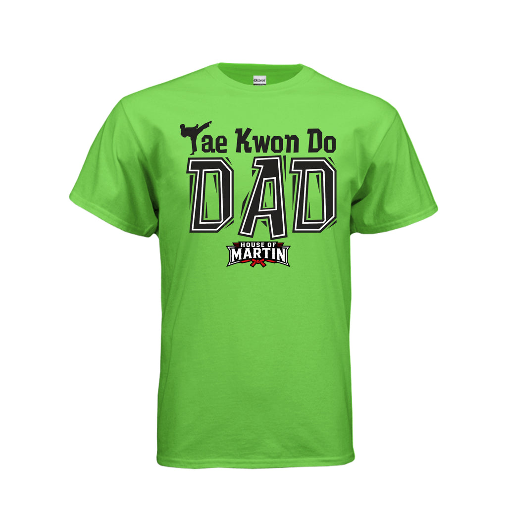 TKD Dad unisex tee in electric green, front view by House of Martin Designs