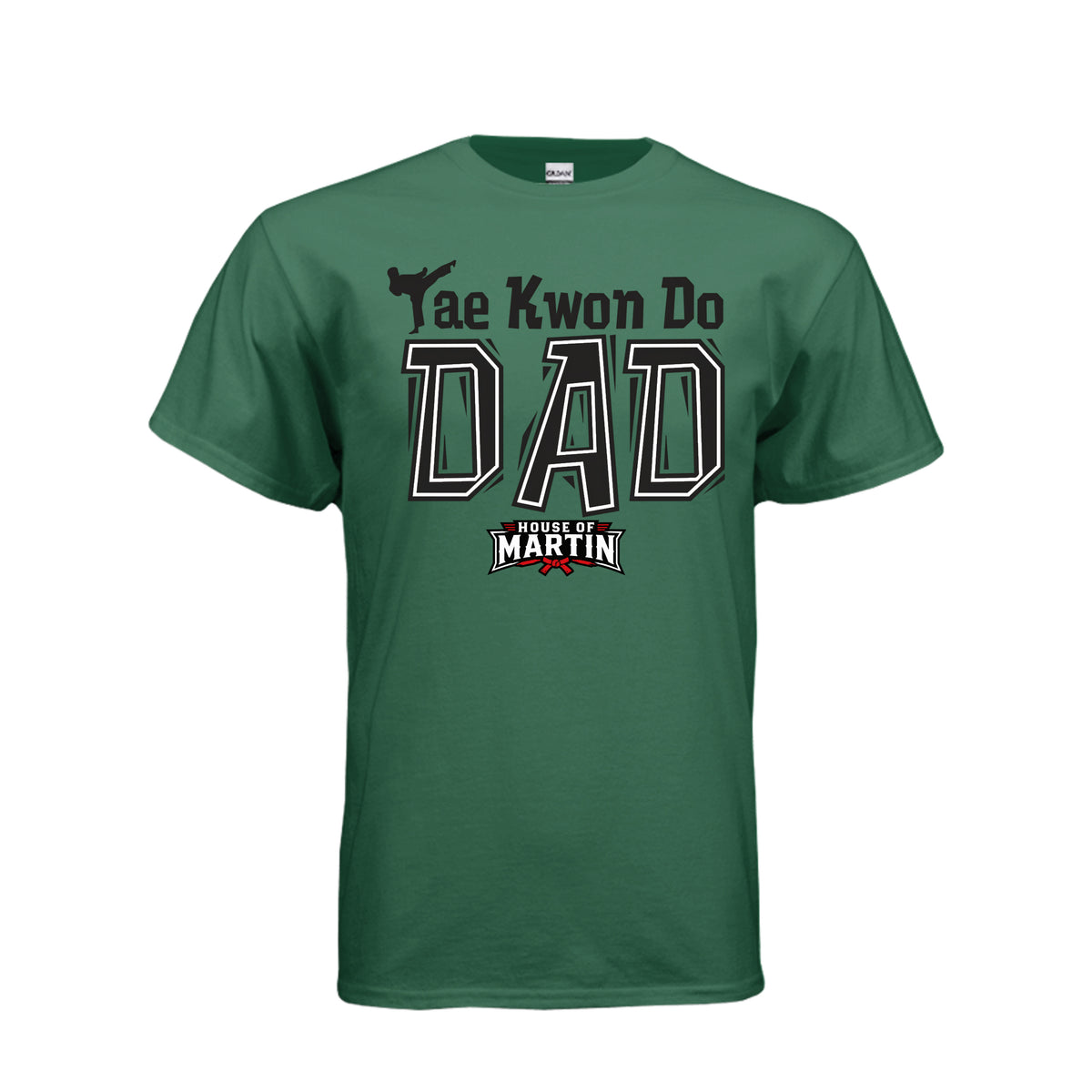 TKD Dad unisex tee in fan dark green, front view by House of Martin Designs