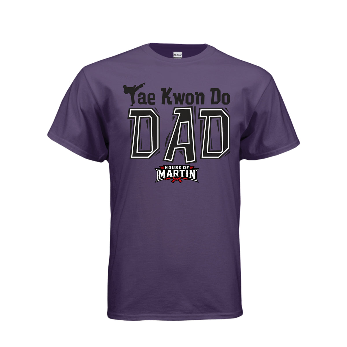 TKD Dad unisex tee in fan dark purple, front view by House of Martin Designs