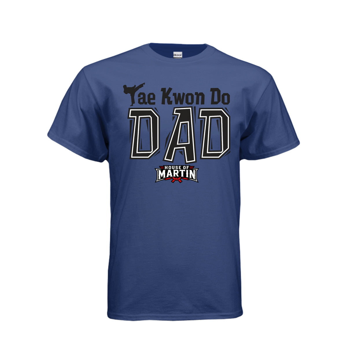 TKD Dad unisex tee in fan deep royal, front view by House of Martin Designs