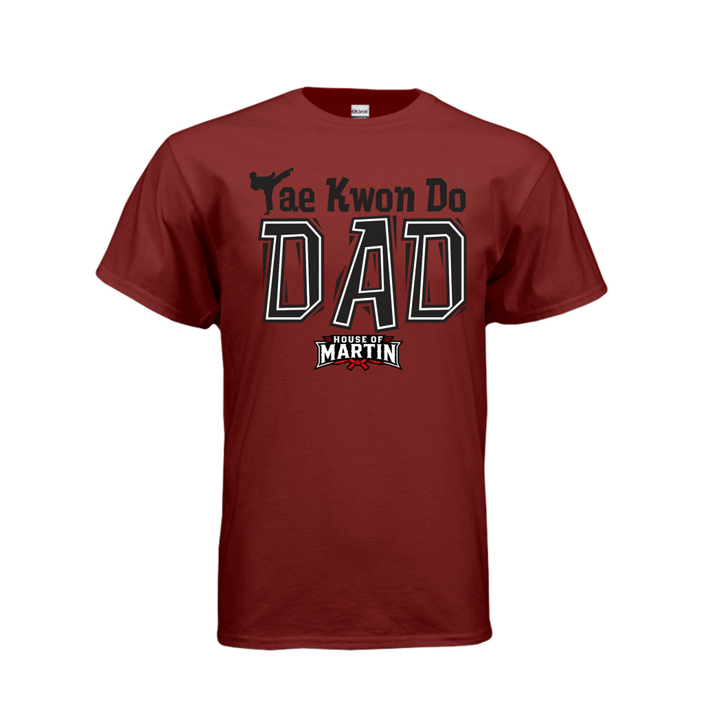 TKD Dad unisex tee in garnet, front view by House of Martin Designs