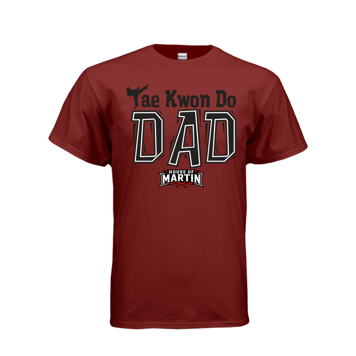 TKD Dad unisex tee in garnet, front view by House of Martin Designs