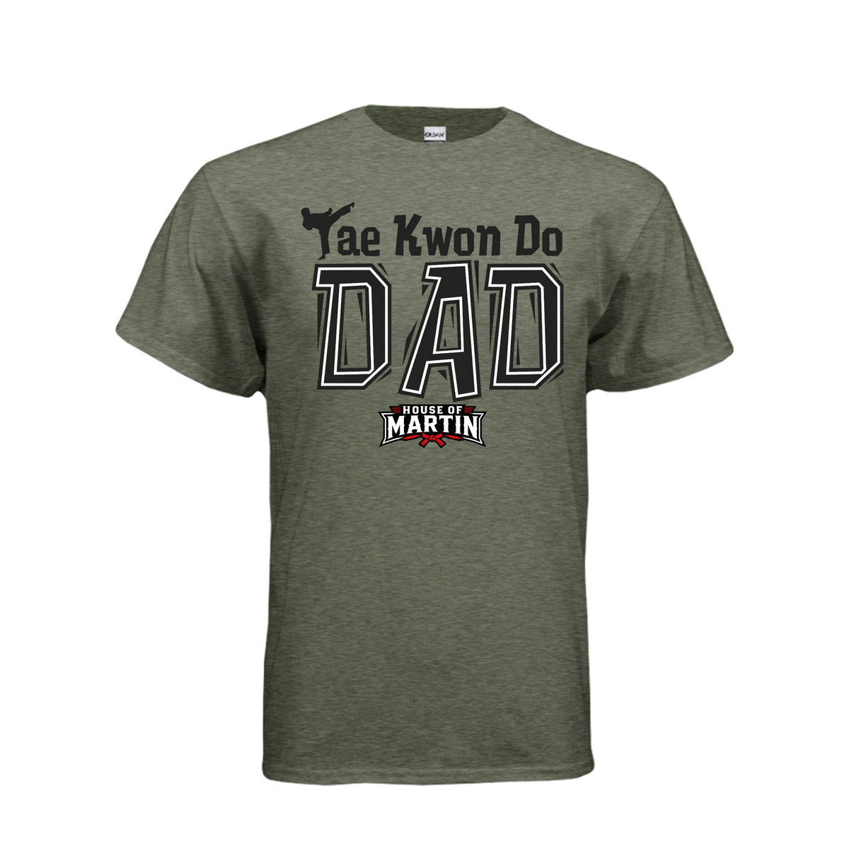 TKD Dad unisex tee in heather military green, front view by House of Martin Designs