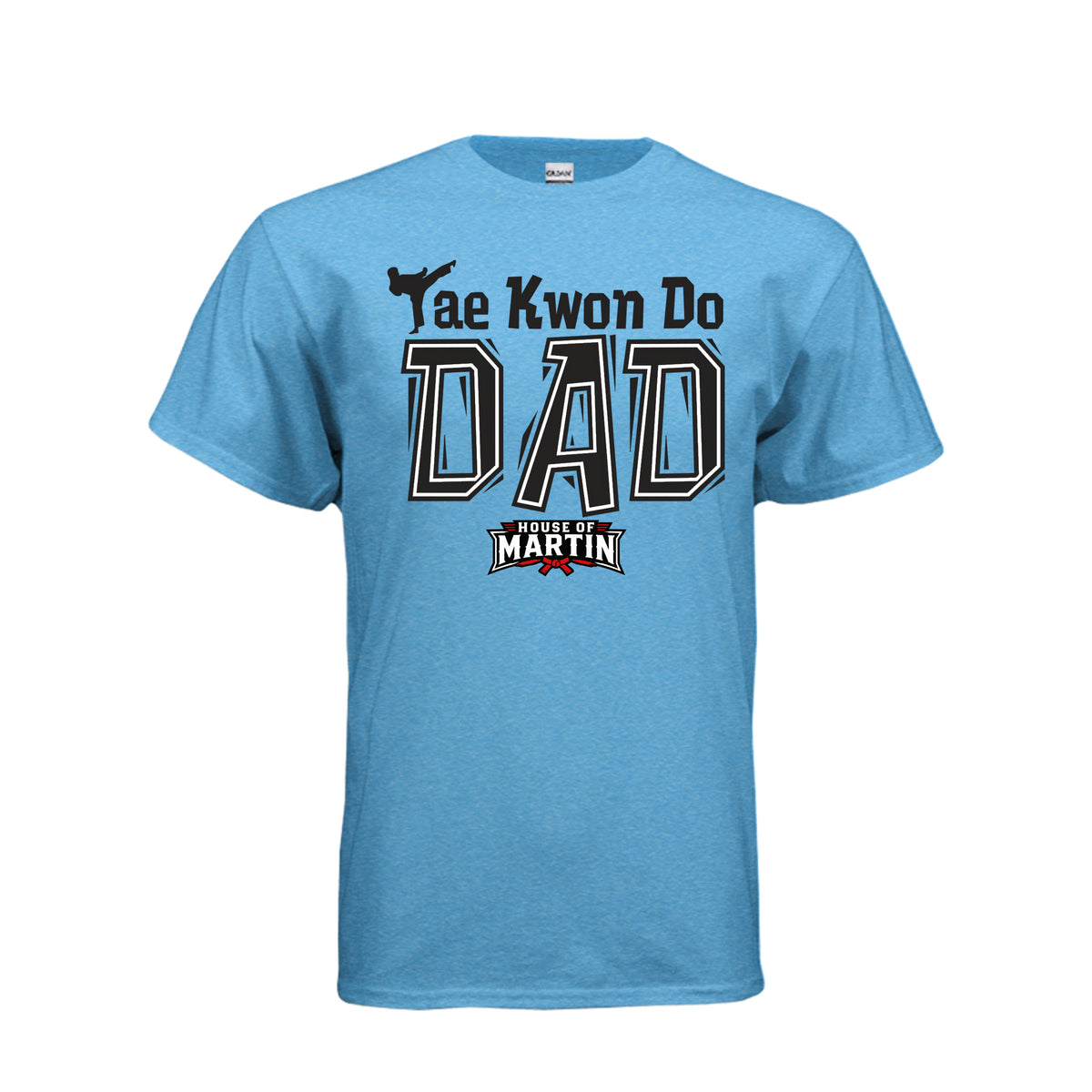 TKD Dad unisex tee in heather sapphire, front view by House of Martin Designs