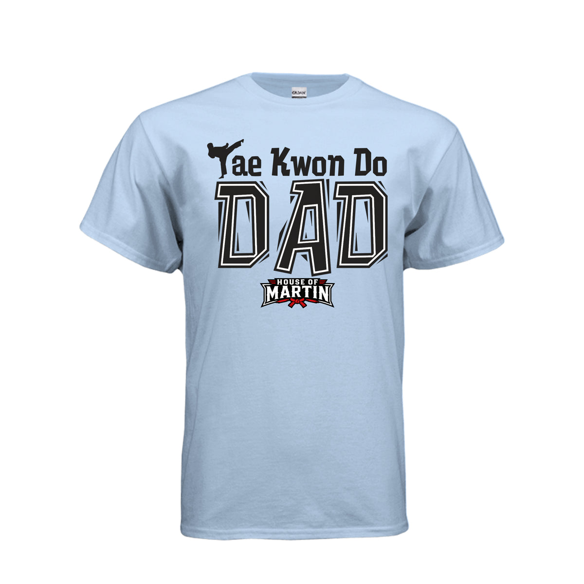 TKD Dad unisex tee in light blue, front view by House of Martin Designs