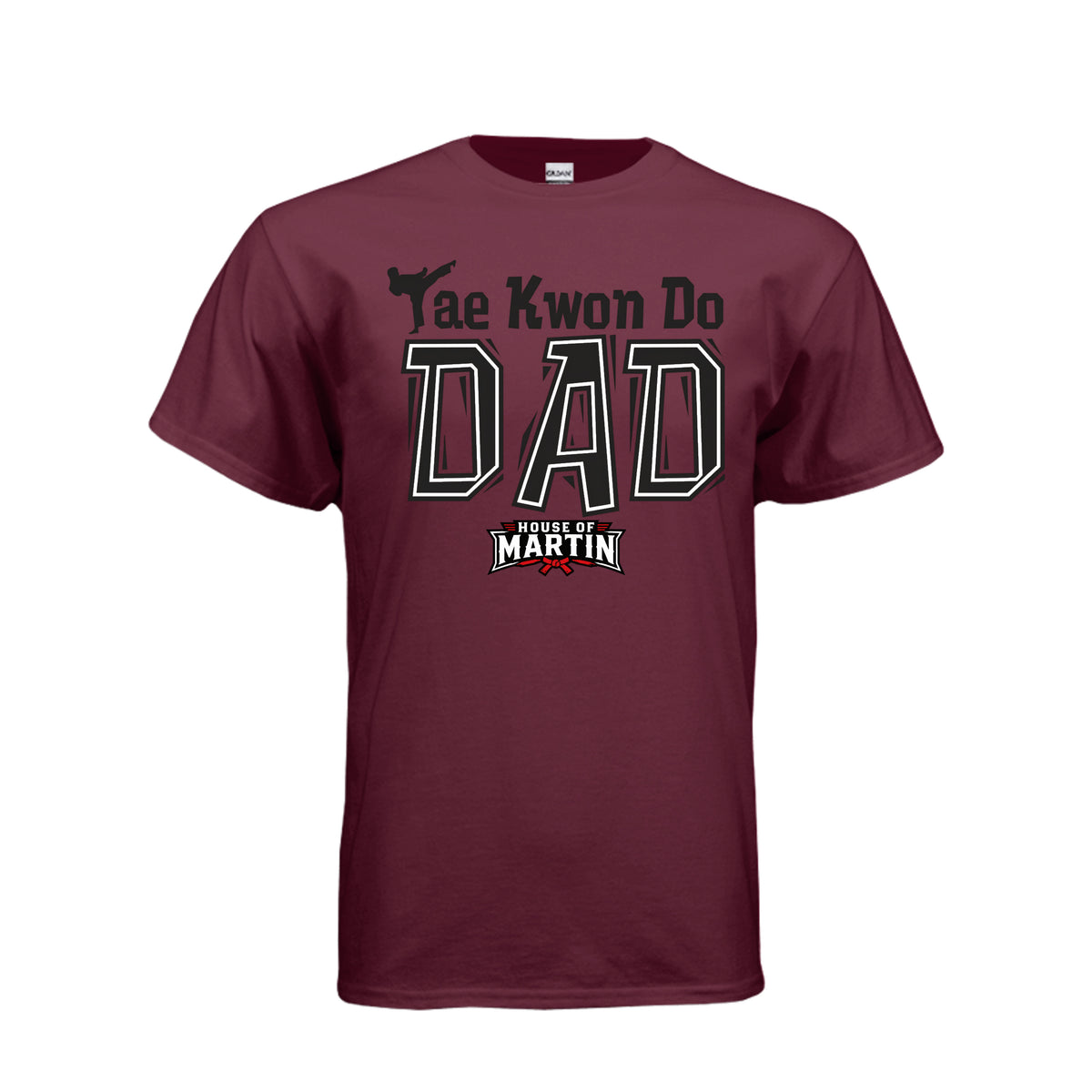 TKD Dad unisex tee in maroon, front view by House of Martin Designs