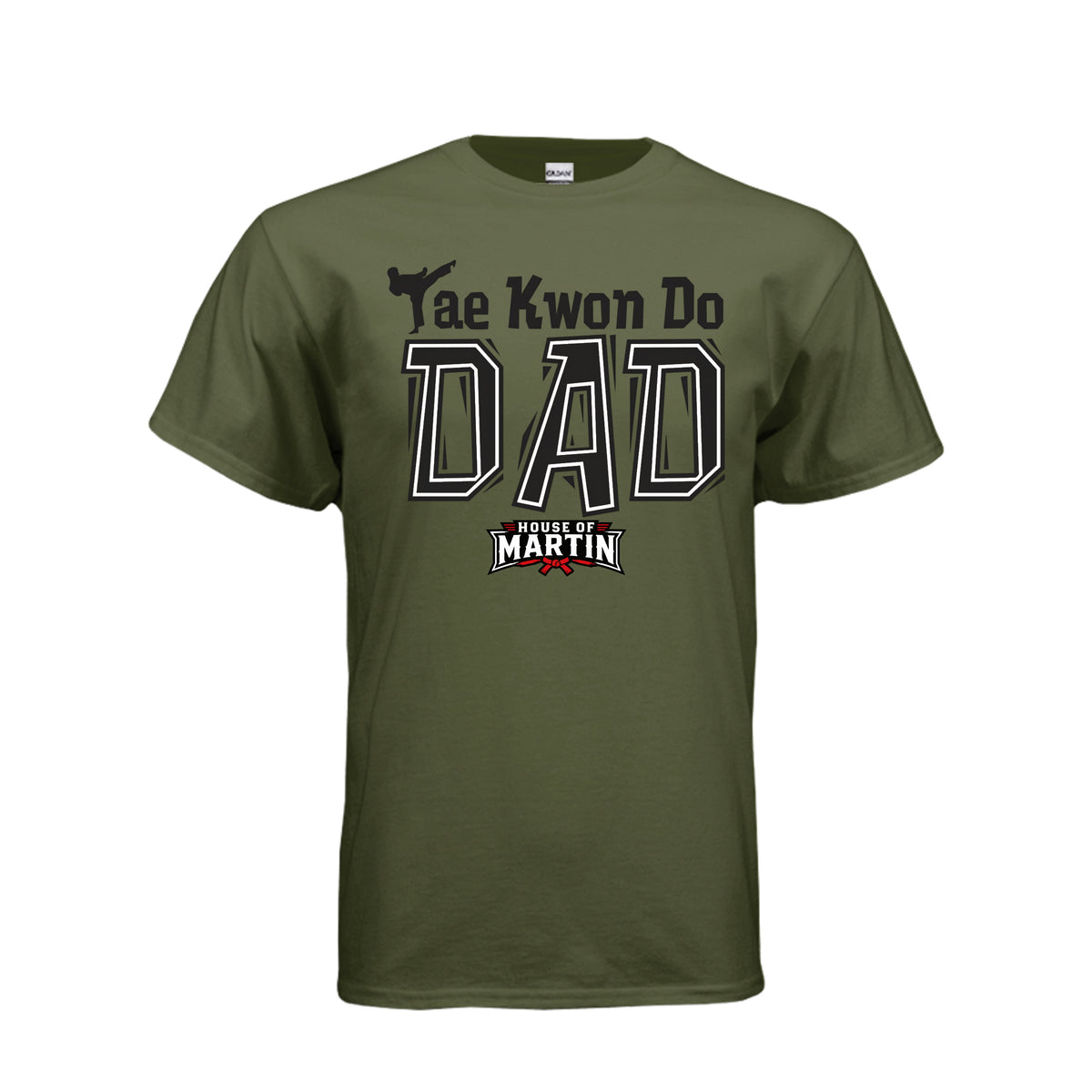 TKD Dad unisex tee in military green, front view by House of Martin Designs