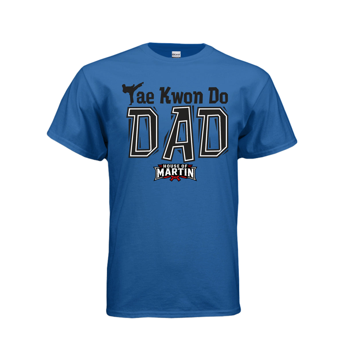 TKD Dad unisex tee in neon blue, front view by House of Martin Designs