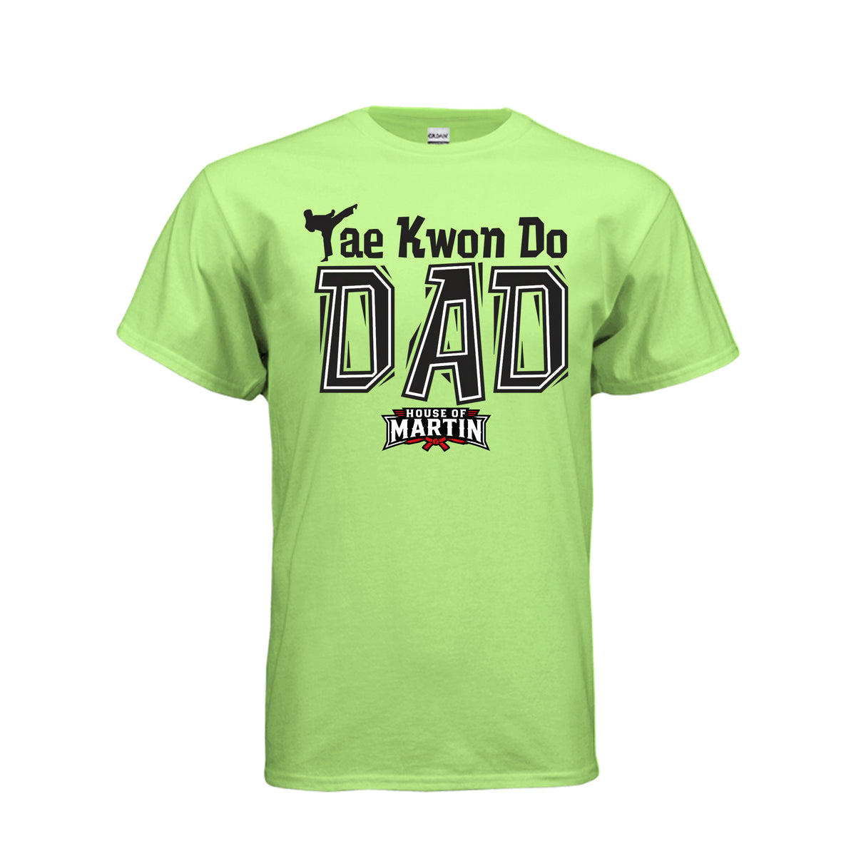 TKD Dad unisex tee in neon green, front view by House of Martin Designs
