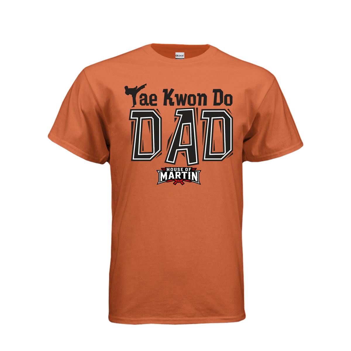 TKD Dad unisex tee in orange, front view by House of Martin Designs