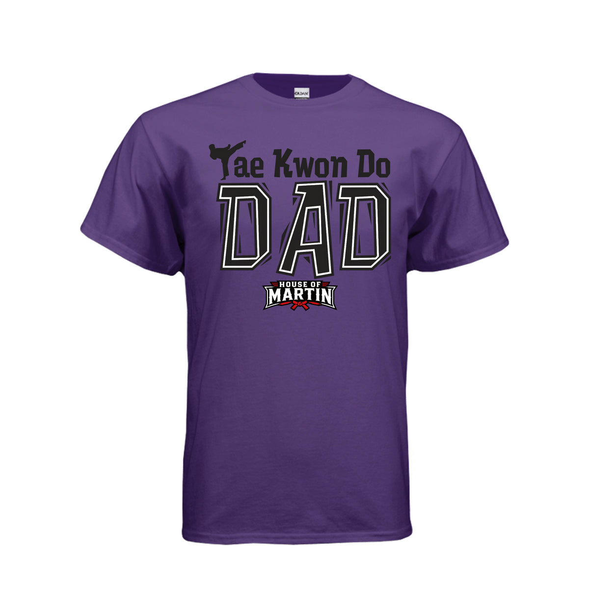 TKD Dad unisex tee in purple, front view by House of Martin Designs