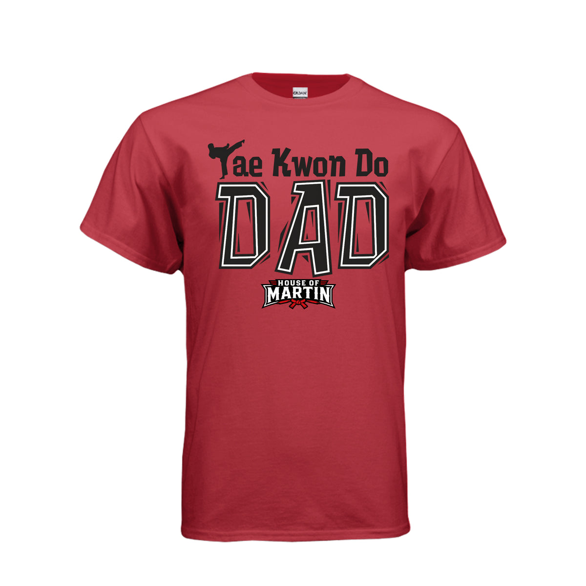 TKD Dad unisex tee in red, front view by House of Martin Designs