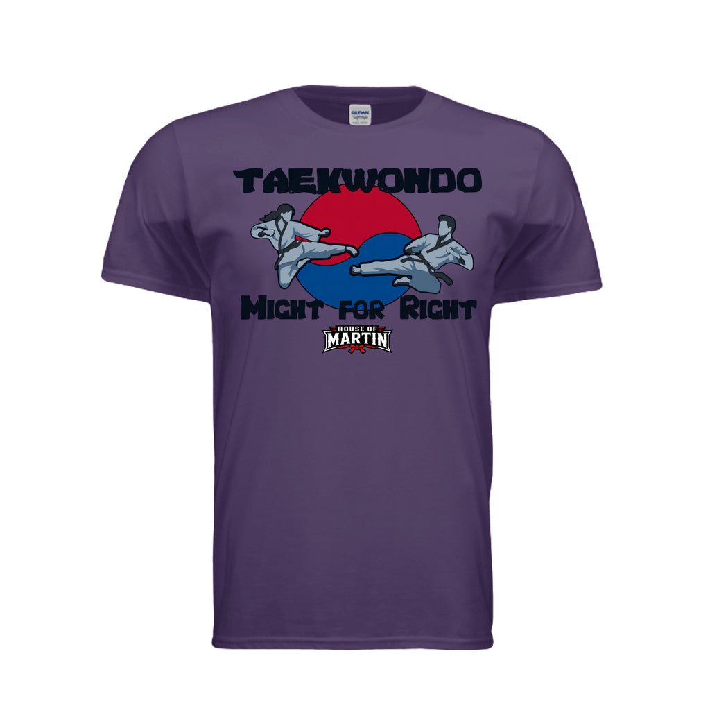 Might for Right unisex tee in fan dark purple, front view by House of Martin Designs